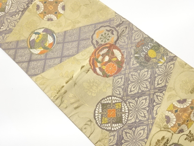 JAPANESE FUKURO OBI / WOVEN CRANES & FLORAL PLANTS